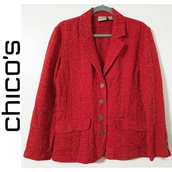CHICOS 100% Silk Floral Knit Patterned Blazer, Red Orange, Unlined, Size 1, M - Picture 1 of 16